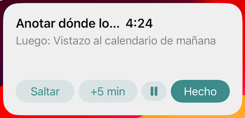 The Neurutina widget on the home screen, with the current step, the countdown and the Skip, +5 min, Pause and Done buttons